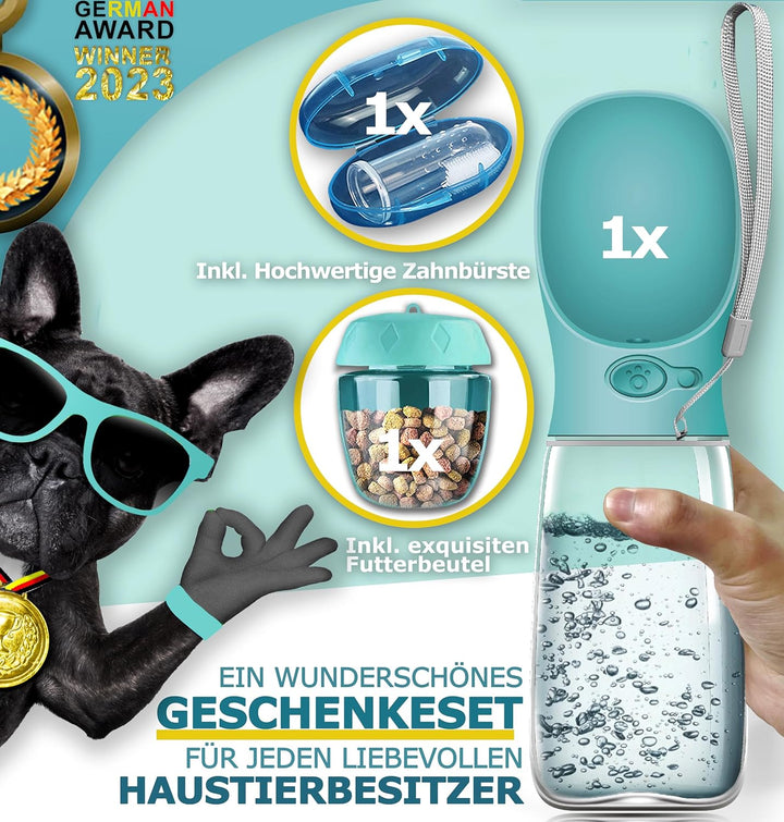 NEU 3er GESCHENKESET | Innovative 550ml Hundetrinkflasche für unterwegs | inkl. Futterbehälter & Zah