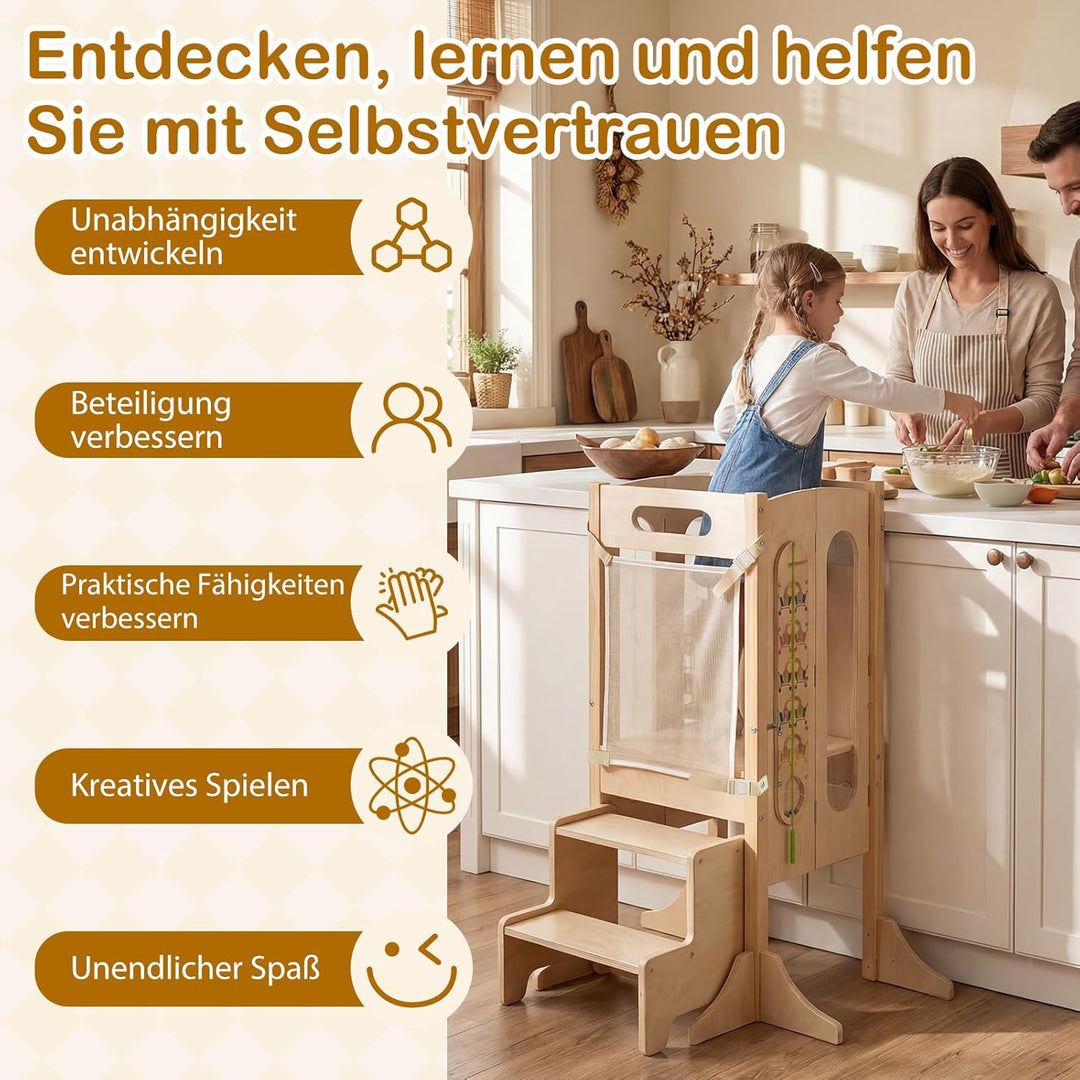 COSTWAY 4 in 1 Lernturm klappbar, Tritthocker aus Holz mit 2-Stufen Hocker, Tafel & abnehmbarem Sich