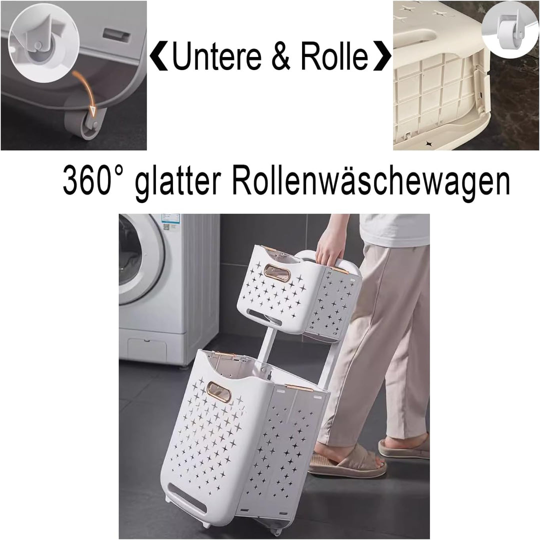 Hooha Faltbarer Wäschekorb Auf Rollen 2 Fächer Wäschekorb Plastik 77 Liter Wäschewagen für Schmutzwä
