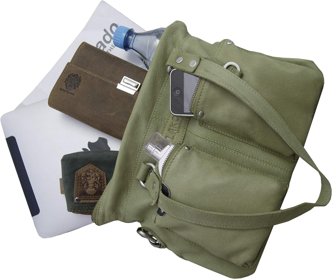 LL Baron of MALTZAHN Damen Schultertaschen FLAKONE Bluegrey-Taupe Shopper-718 aus Leder incl. Lederp