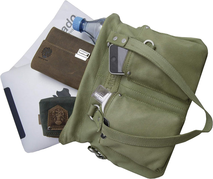 LL Baron of MALTZAHN Damen Schultertaschen FLAKONE Bluegrey-Taupe Shopper-718 aus Leder incl. Lederp