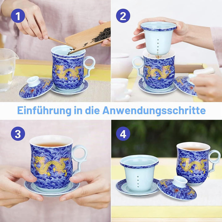YURROAD 400ml Chinesische Teetasse, 4 in 1 Tee Becher Porzellan mit Sieb/Infusor/Deckel und Untertas