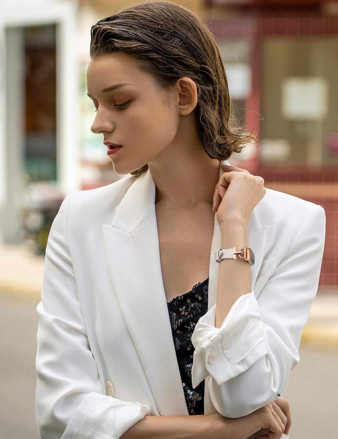 Wearlizer Lederarmband kompatibel mit Fitbit Charge 6/Charge 5 Armbänder für Damen, Dressy Slim Lede