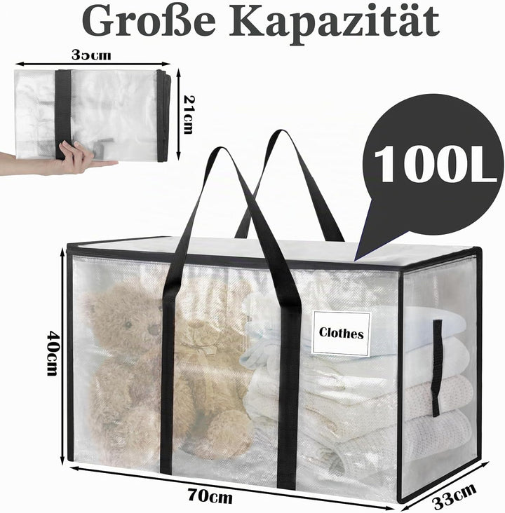 Withosent 100L Aufbewahrungstasche Gross Gewebt, 6er Transparente Wasserdicht Umzugstaschen mit Reis