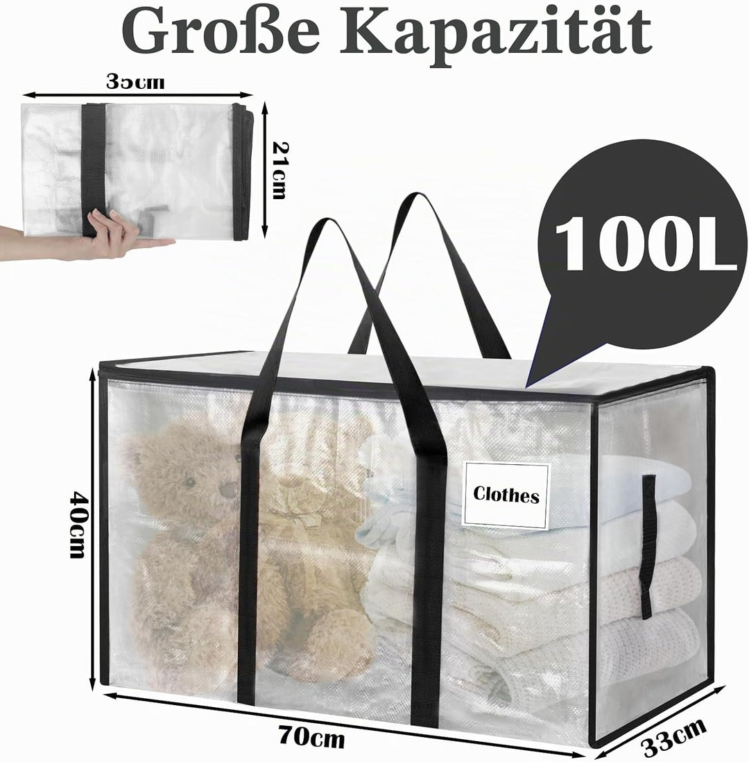 Withosent 100L Aufbewahrungstasche Gross Gewebt, 10er Wasserdicht Umzugstaschen mit Reissverschluss