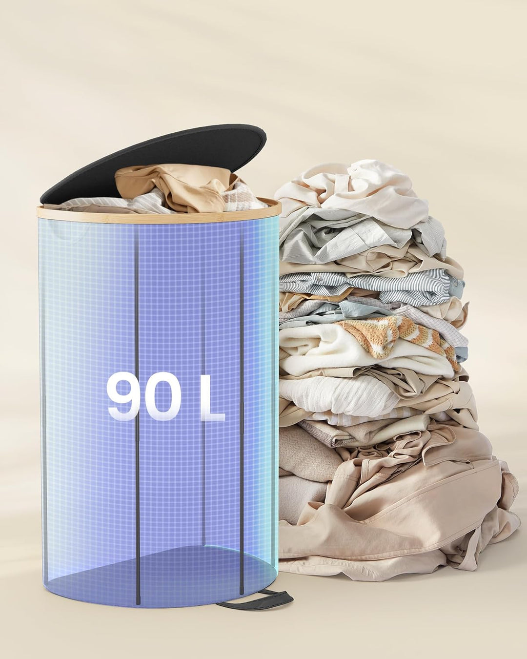SONGMICS Wäschekorb, Wäschesammler, 90 Liter, Wäschetonne mit Deckel, Wäschesack herausnehmbar, für