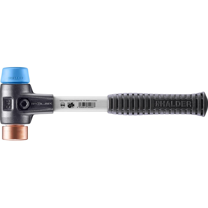 SIMPLEX-Schonhammer, TPE-soft/Kupfer; mit verstärktem Tempergussgehäuse und Fiberglasstiel | D=40 mm