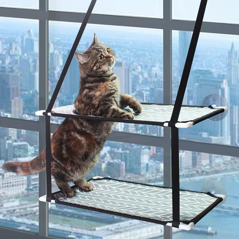 Katzen Fensterliege für Katzen,Katzenbett Fensterbank Doppelte Hängematte Fenster mit 6 stabilen Sau