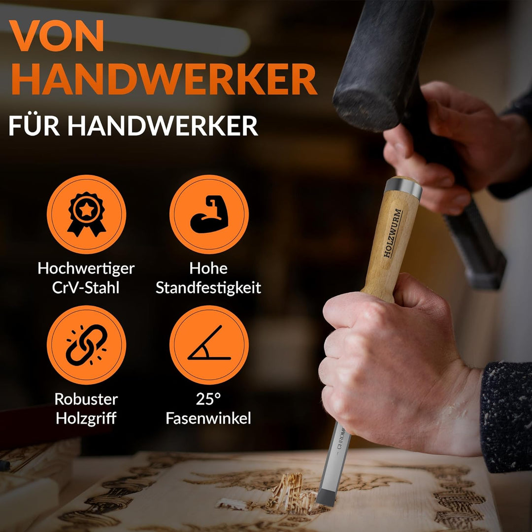 HOLZWURM Profi Stechbeitel-Satz für Holz, Stemmeisen-Set mit Schleifstein, 6 Meissel, Anleitung zum