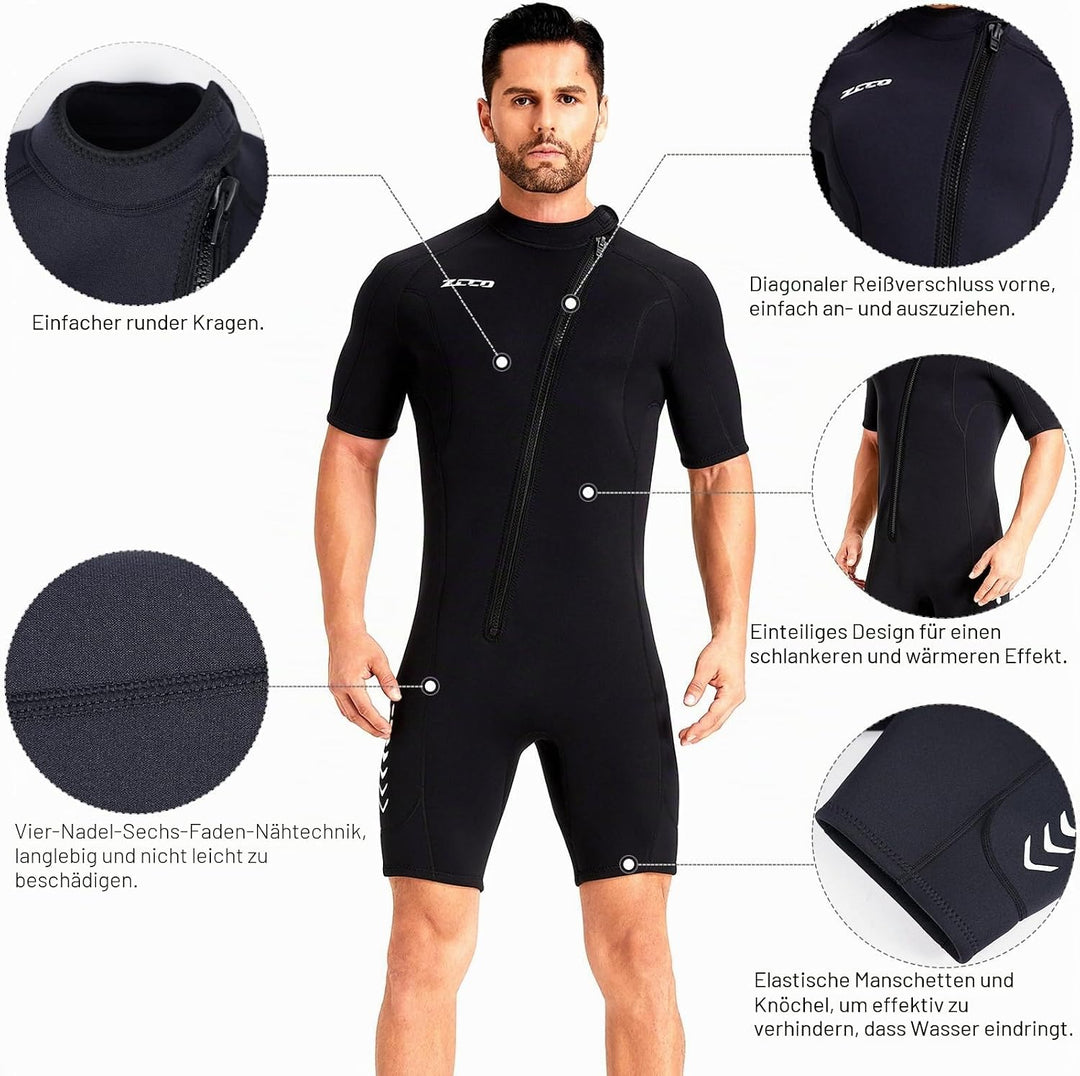 ZCCO Herren Shorty Neoprenanzuge 3 mm Neopren Damen Frontreissverschluss Tauchanzug zum Tauchen Schw