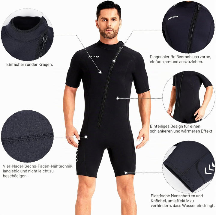 ZCCO Herren Shorty Neoprenanzuge 3 mm Neopren Damen Frontreissverschluss Tauchanzug zum Tauchen Schw