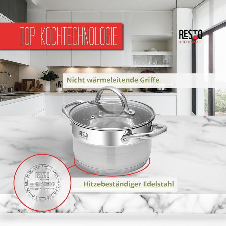 RESTO Edelstahl 18/10 Kochtopf Suppentopf Bratentopf - für alle Herdarten geeignet - Topf mit hitzeb