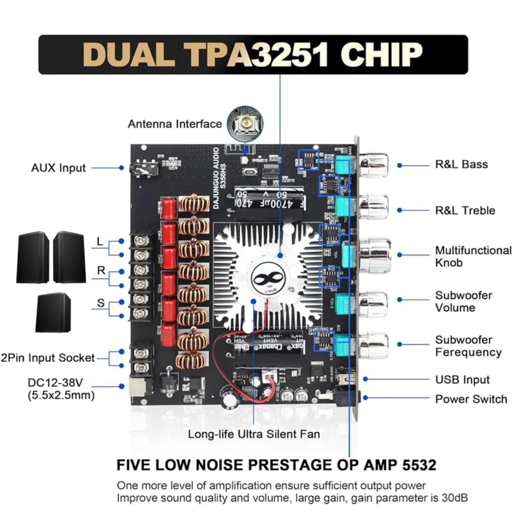 DollaTek 2.1-Kanal-Bluetooth-Verstärkerplatine, 220W × 2+350W 12V-38V Audio-Leistungsverstärkermodul