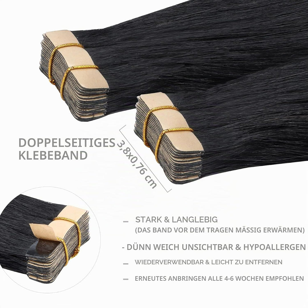 WENNALIFE Tape Extensions Echthaar, 20pcs 50g 60cm 24 Zoll Tief Schwarz Remy Invisible Tape Extensio