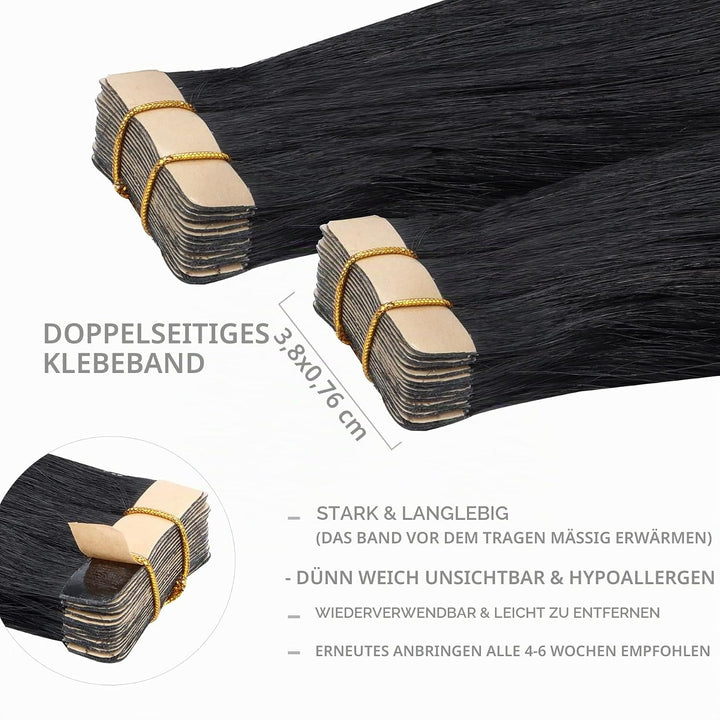 WENNALIFE Tape Extensions Echthaar, 20pcs 50g 60cm 24 Zoll Tief Schwarz Remy Invisible Tape Extensio