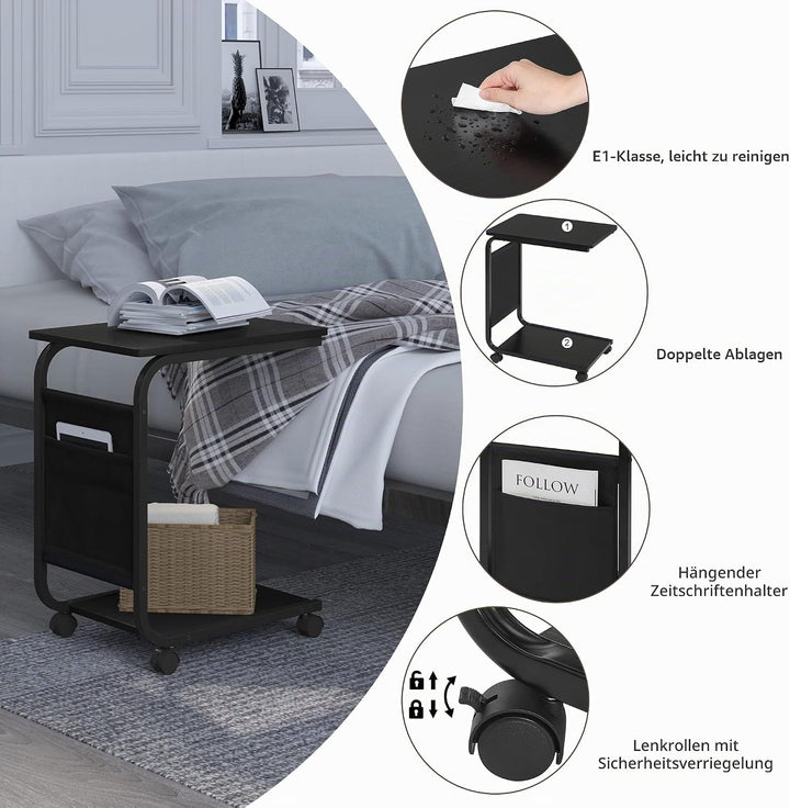 WOLTU Beistelltisch, Couchtisch mit 2 Ablagen 1 Seitentasche, Sofatisch mit Stauraum, Wohnzimmertisc