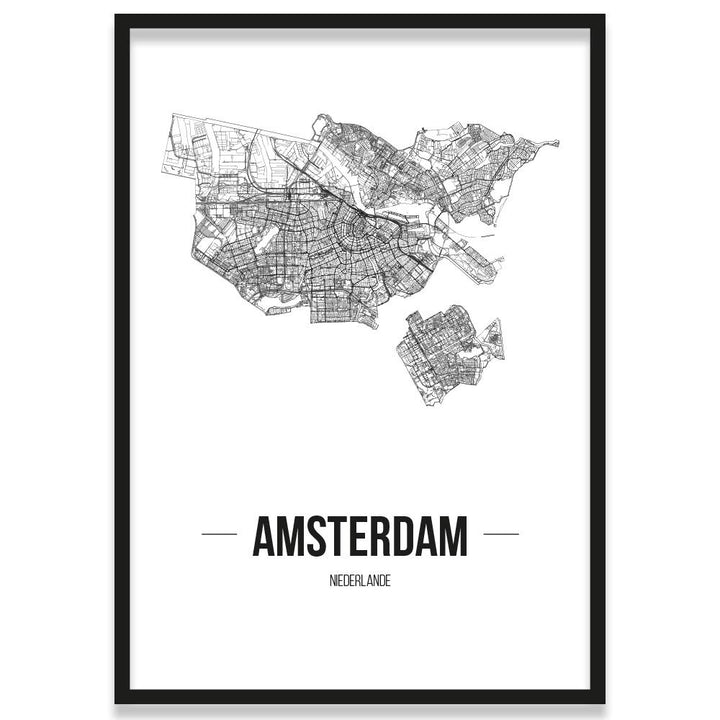 JUNIWORDS Stadtposter, Amsterdam, Wähle eine Grösse, 21 x 30 cm, Poster mit Rahmen, Schrift B, Weiss