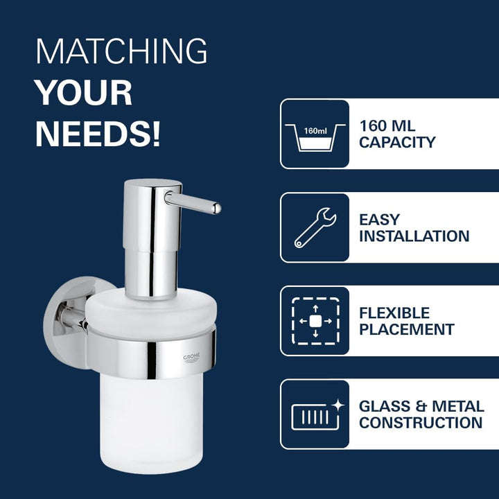GROHE Essentials - Seifenspender (mit Halter, verdeckte Befestigung, pflegeleicht, langlebig) , chro