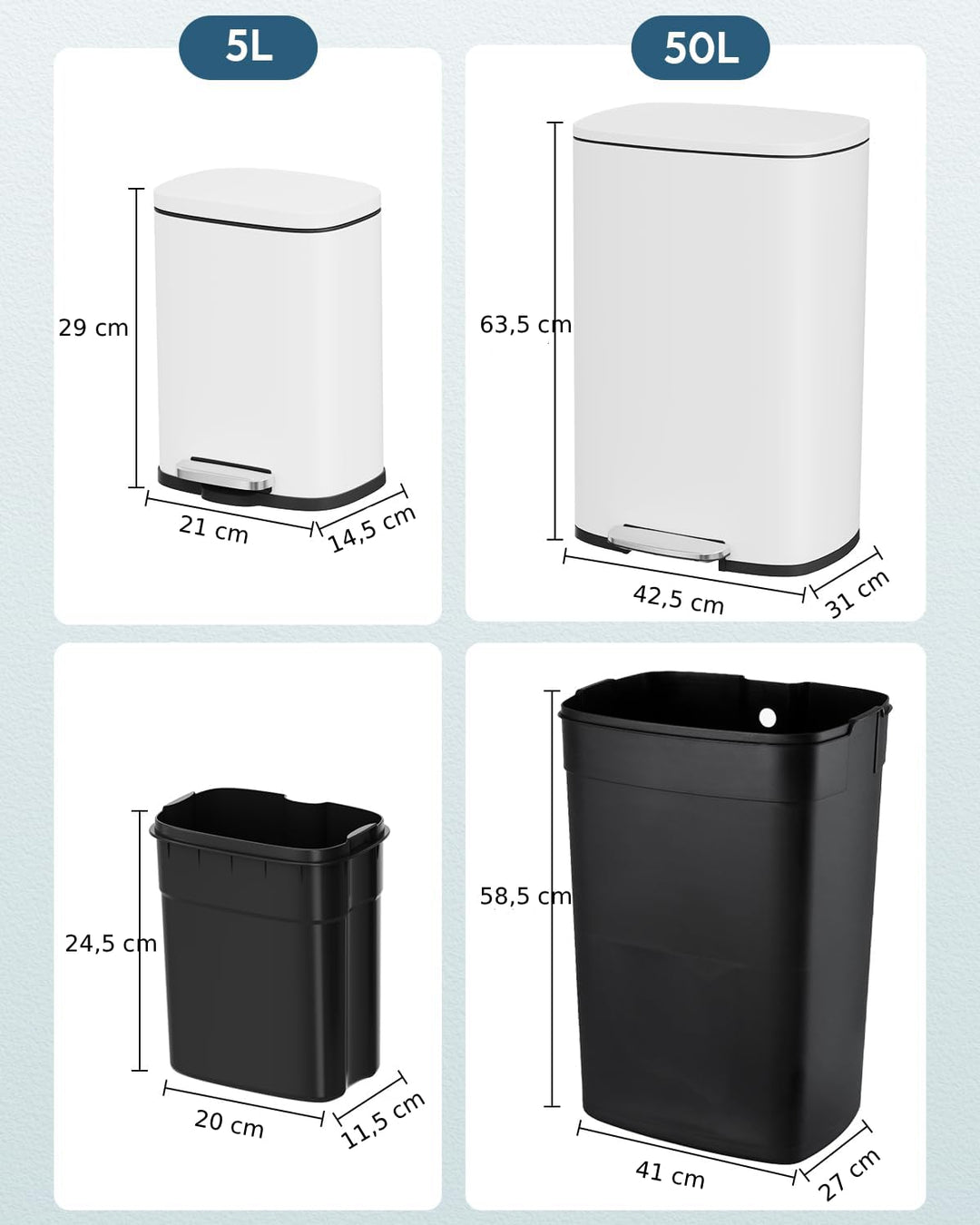 Clevich 2er-Pack Mülleimer Set, 50L und 5L Treteimer aus Metall mit Softclose-Deckel, abnehmbare Inn