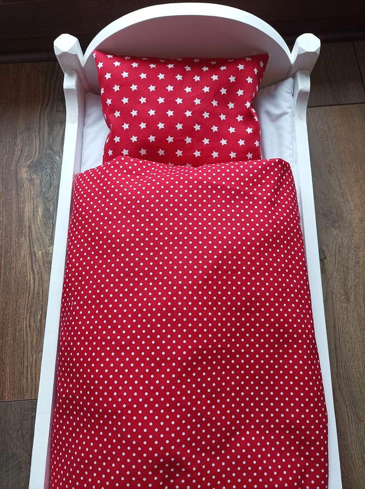 Puppenbettwäsche gross, rot, weisse Sterne Punkte Decke 34x 40 25bx 33h, 25bx 33h