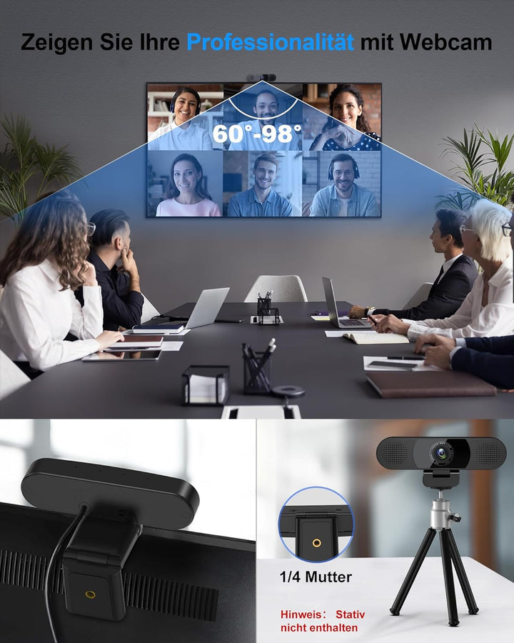 EMEET Webcam C980PRO, mit Mikrofon und Lautsprecher, mit Objektivabdeckung, 90 ° Sichtfeld, Autofoku