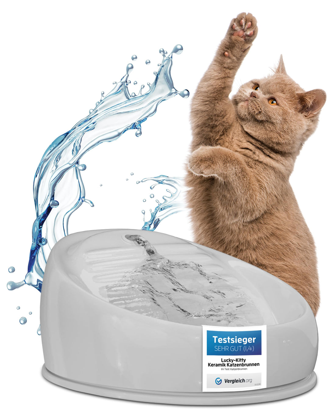 Lucky Kitty Trinkbrunnen für Katze grau I Katzenbrunnen Keramik Handarbeit, hygienisch I Kein Auflad