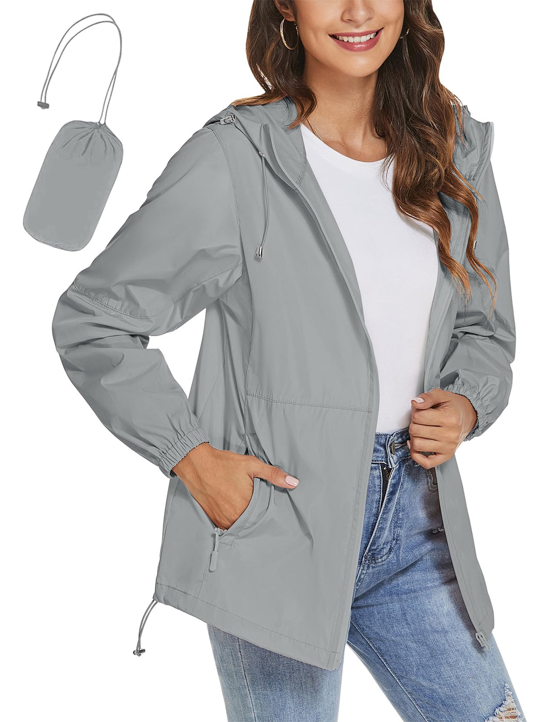 iWoo Regenjacke Damen Wasserdicht Atmungsaktiv Dünne Regenmantel Leichte Jacke Outdoorjacke Windbrea