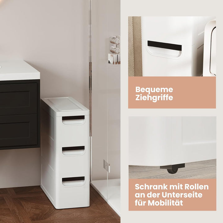 Schmaler Badezimmerschrank auf Rollen, Schmaler Badezimmerschrank mit 3/4/5 Schubladen, Mobiler Schu