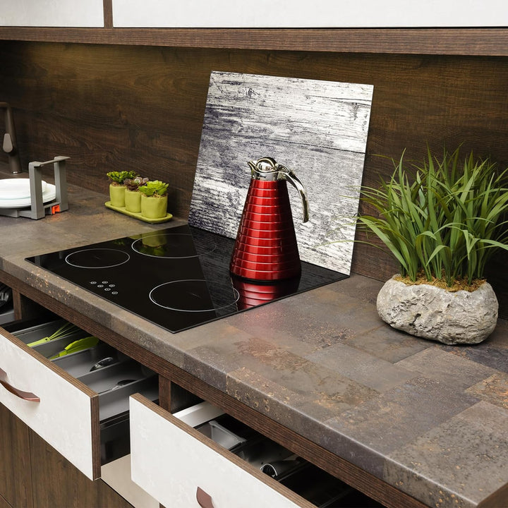 SmartDecoration Herdabdeckplatte Ceranfeldabdeckung aus Glas 60x52 cm Einteilig Motiv "Holz" Grau (1