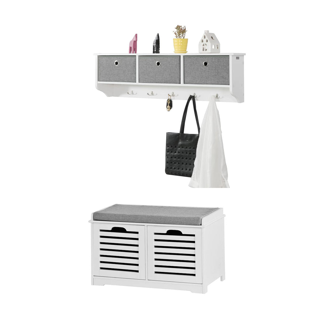 SoBuy Wandgarderobe-Set Flurset Flurmöbel Schuhbank mit Sitzfläche Flurgarderobe FSR23-K-W+FRG282-W