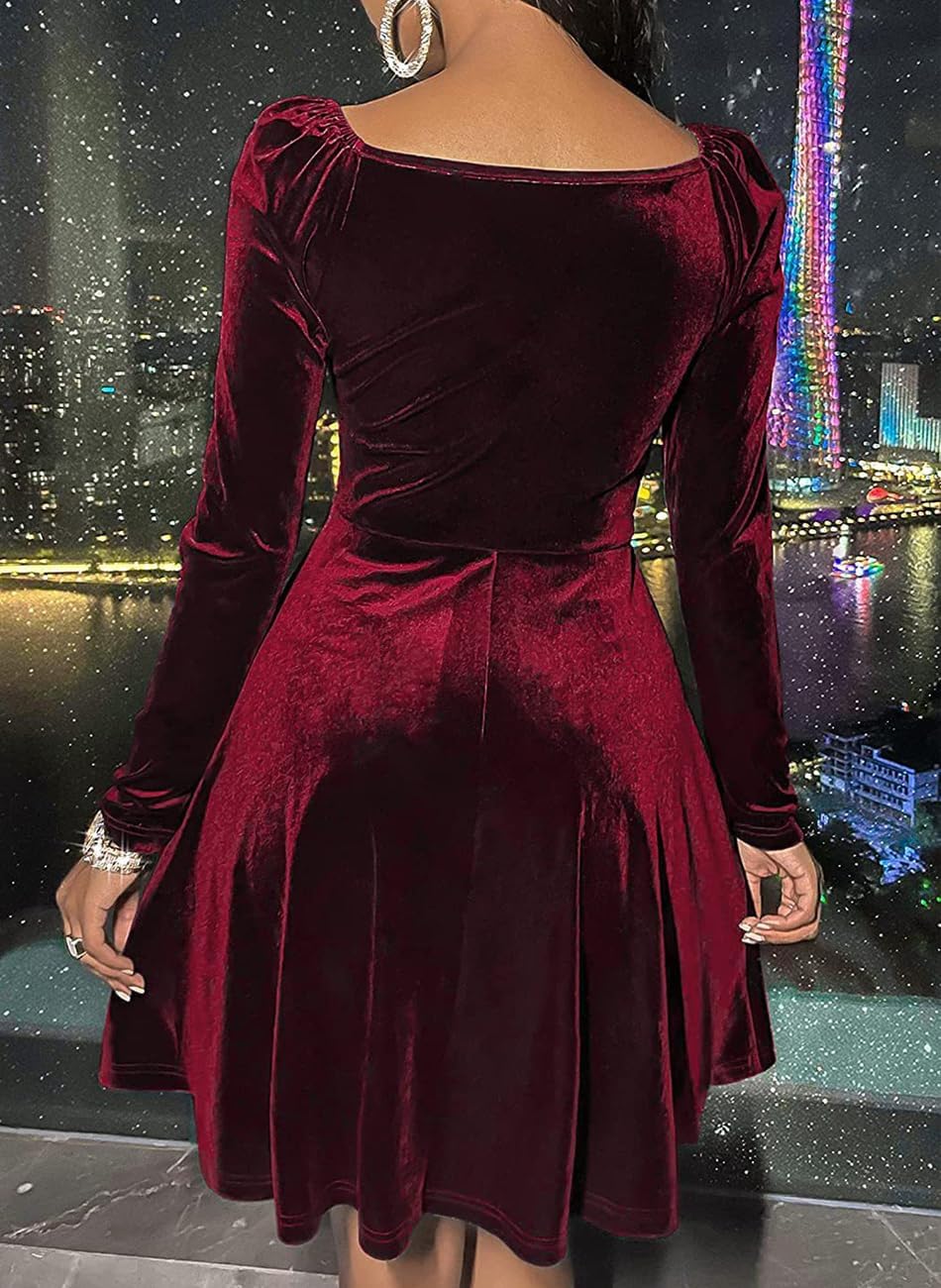 XIVISTO Damen Samtkleid Elegant Abendkleid Langarm Cocktailkleid Rundhals Kleid Bodycon festliches P