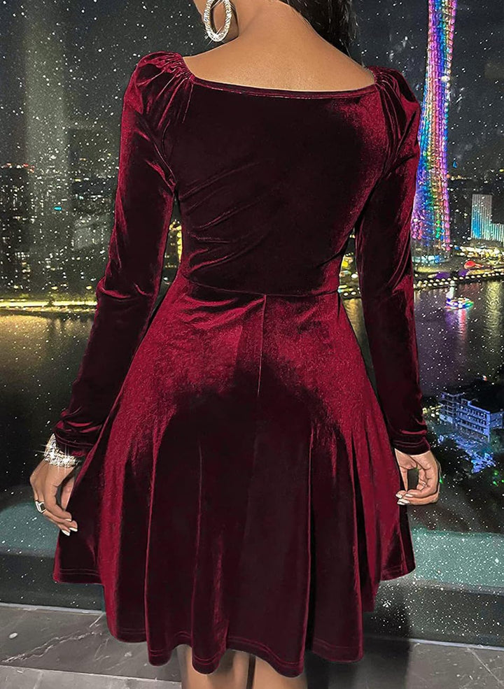 XIVISTO Damen Samtkleid Elegant Abendkleid Langarm Cocktailkleid Rundhals Kleid Bodycon festliches P