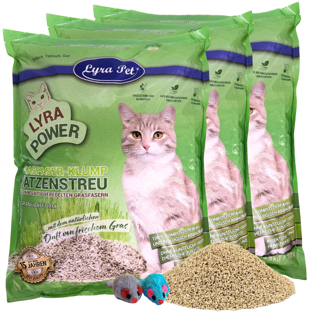 Lyra Pet® | 3 x 10 Liter Lyra Power Grasfaser Klump Katzenstreu + 2 Mäuse | Natürliche, biologisch a