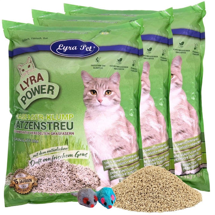 Lyra Pet® | 3 x 10 Liter Lyra Power Grasfaser Klump Katzenstreu + 2 Mäuse | Natürliche, biologisch a