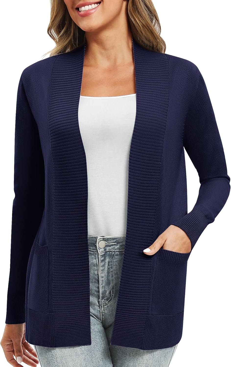EXCHIC Damen Lange Ärmel Gestrickt Strickjacke Leicht Gemütlich Offene Vorderseite Lange Freizeitjac