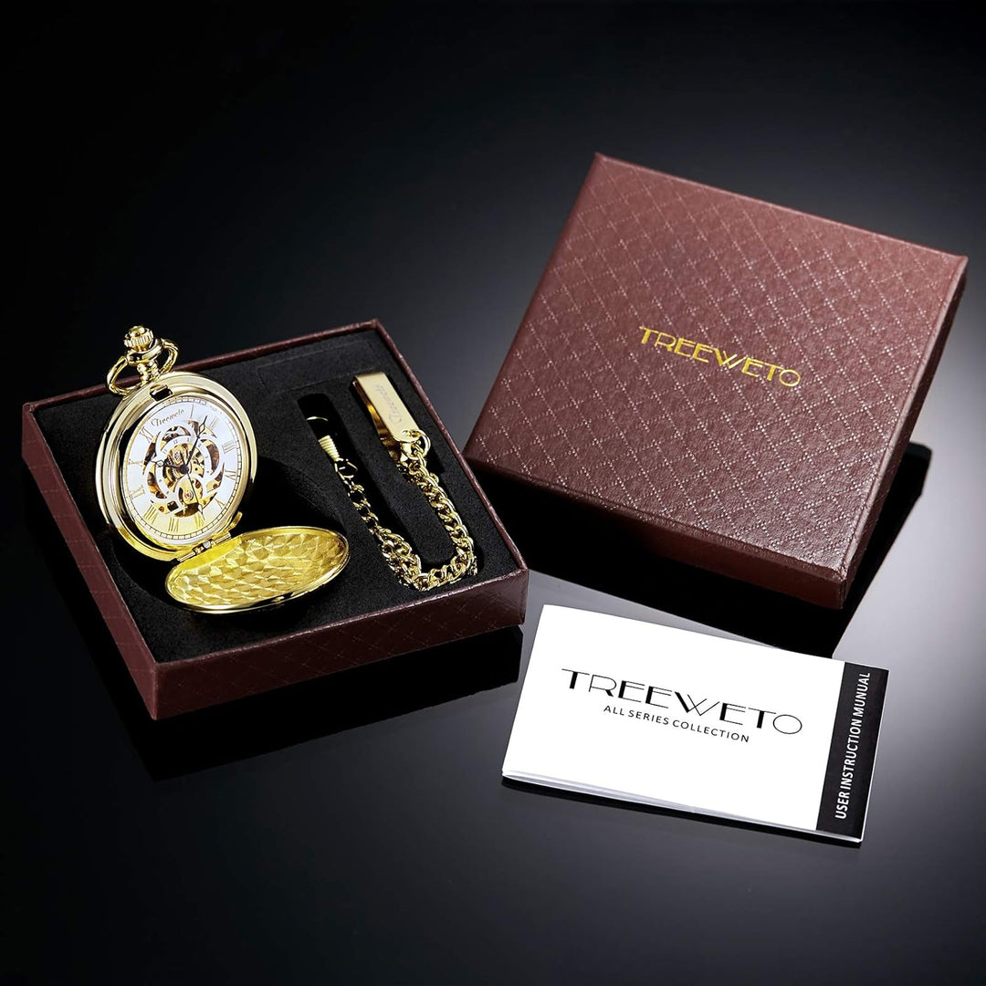 TREEWETO Unisex Taschenuhr mit Kette Analog Handaufzug Antik Graviert Römische Silber/Gold/Schwarz,