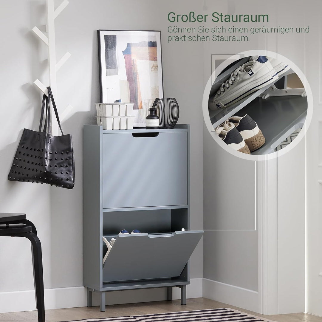 SoBuy Schuhschrank schmal mit 2 Klappen Platzsparender Schuhkipper Hoch Kommode Schuhregal geschloss