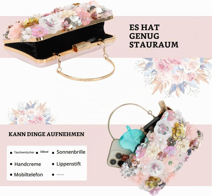Fecialy Blumen-Clutch-Abendtaschen für Damen mit bunten Blumen-Metall-Strasssteinen Abend-Clutch-Gel