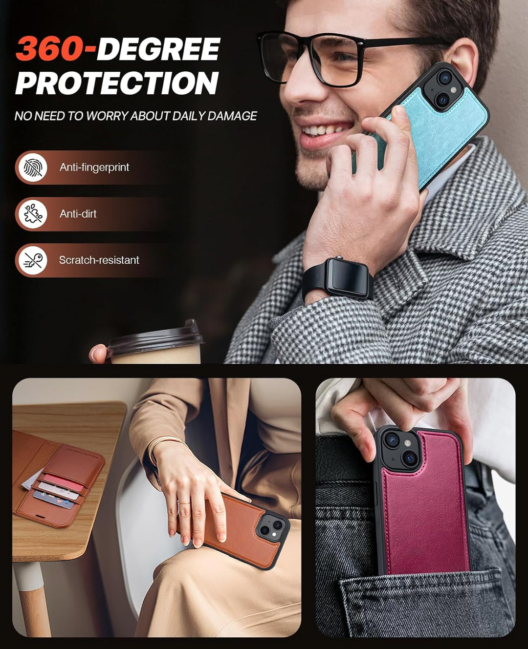 OCASE iPhone 15 Plus Hülle(2in1) Leder Stossfestes Case [Abnehmbare magnetische Hülle] [Kabelloses L