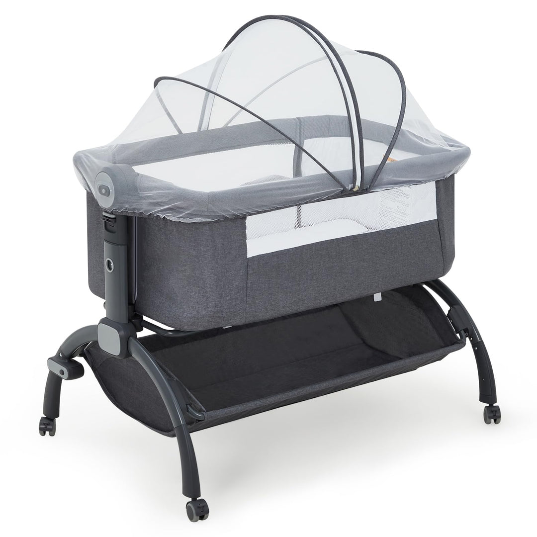 GarveeTech Beistellbett Baby höhenverstellbar mit Matratze, Mesh-Seiten, Wiegefunktion, Rollen mit B