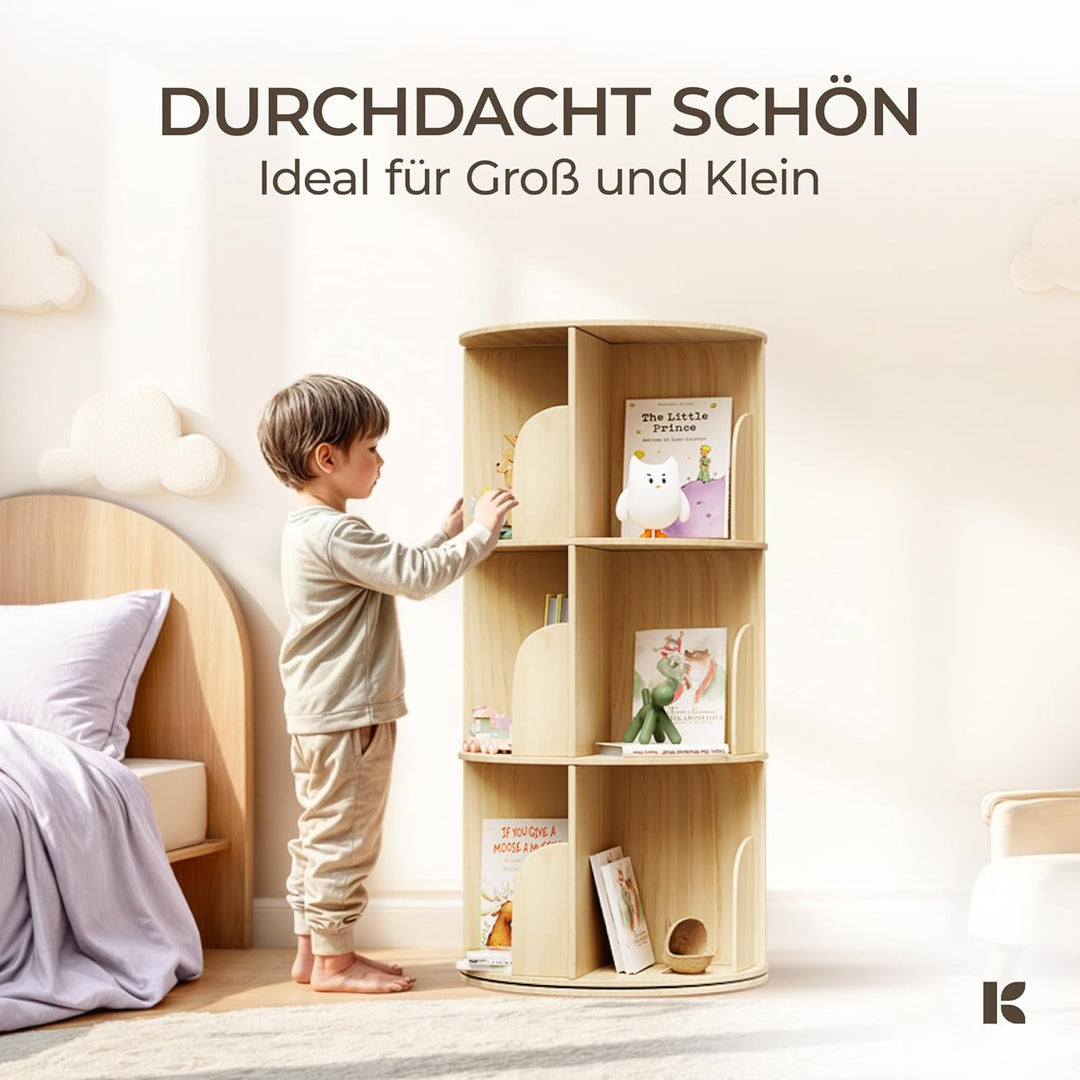 KINDAHOLZ 360° Drehbares Bücherregal Kinder - Kiefernholz Bücherregal Drehbar Kinder mit 5 verstellb