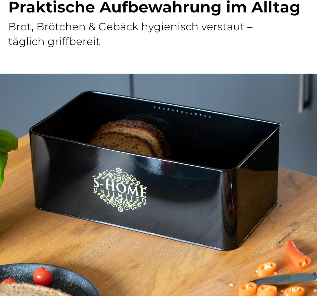 Brotkasten Metall Schwarz mit Bambusdeckel | 2-in-1 Brotbox & Schneidebrett | Belüftete Brotaufbewah