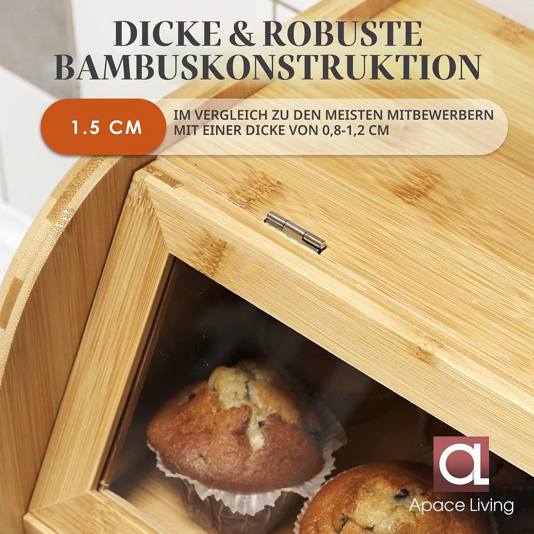 Arise Bambus Brotkasten mit Belüftung, Grosser Brotaufbewahrungsbehälter, 2 Regale und Sichtfenster,