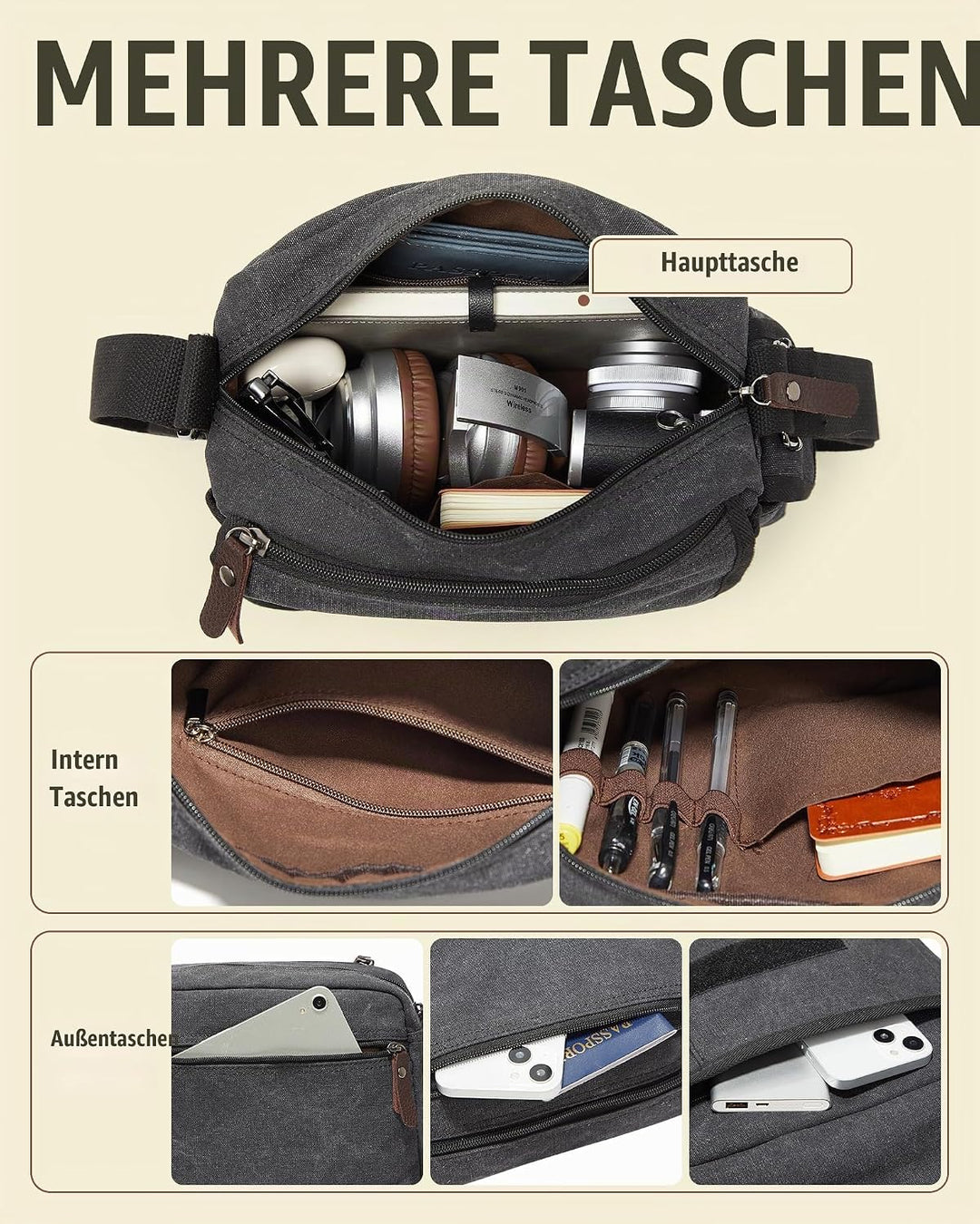 Umhängetaschen Herren aus Canvas, Vintage Canvas Messenger Bag, Laptoptasche 15.6 Zoll Arbeitstasche