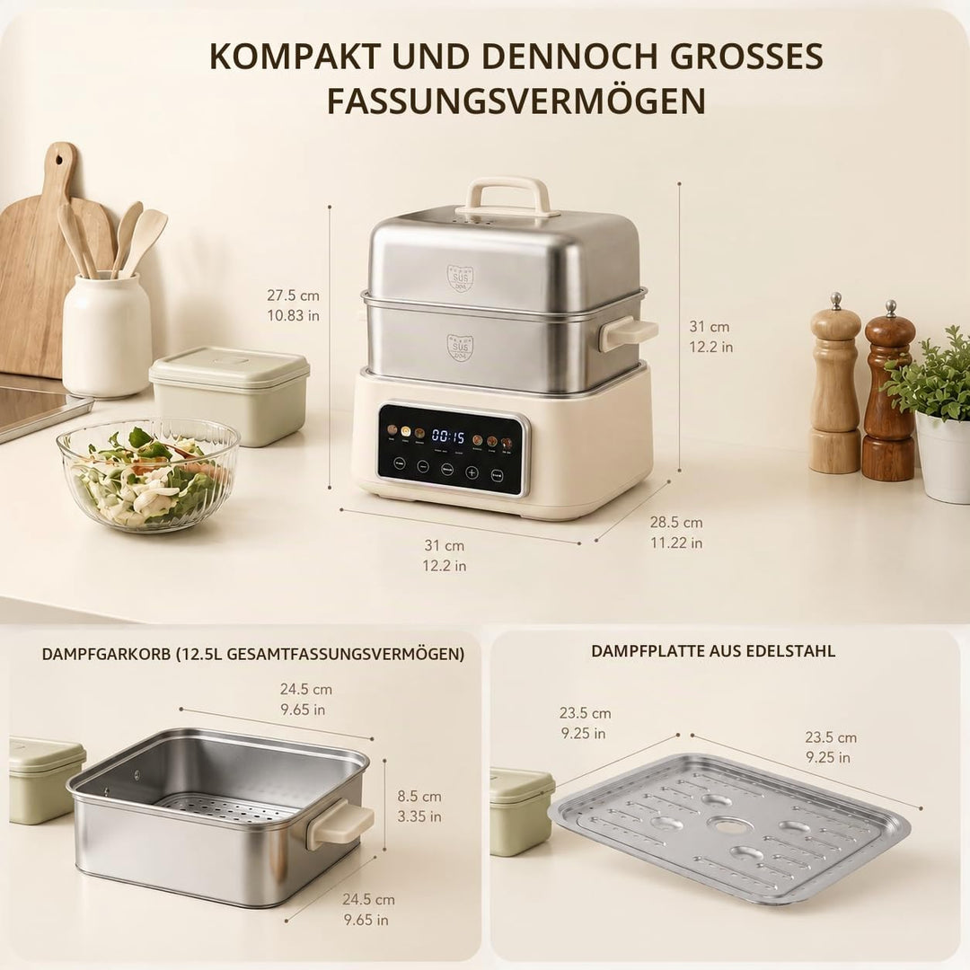 Fulgutonit 304 Edelstahl Elektrischer Dampfgarer 12.5L | 2 Ebenen, 6 Smart-Programme,24h Timer, Damp