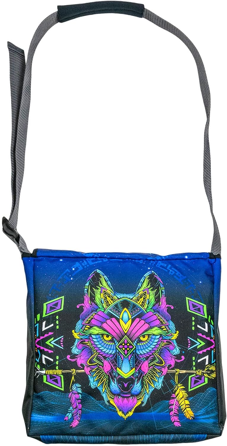 PSYWORK Schwarzlicht Umhänge Tragetasche Neon Sentymo Wolf Neon UV-aktiv wasserabweisend