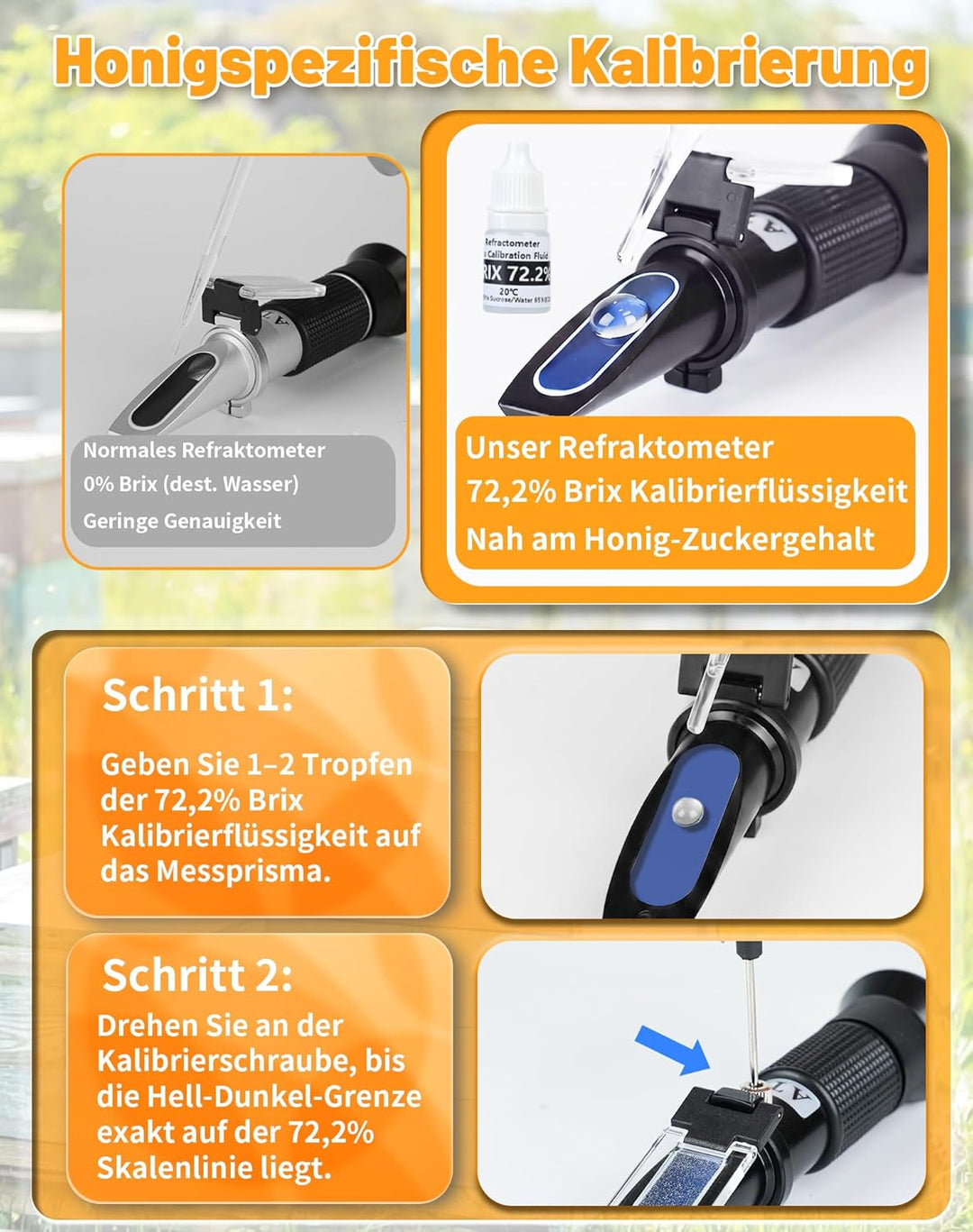 2-in-1 Honig Refraktometer für Imker, Brix 58-90% & Wasser 12-32% – Inkl 72,2% Kalibrierflüssigkeit,
