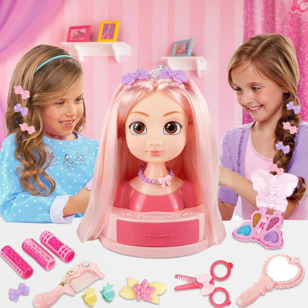 Mädchen Beauty-Salon Set | Puppenkopf Styling-Set mit Schmink-Kosmetik - Styling Spielzeug Set Mit O