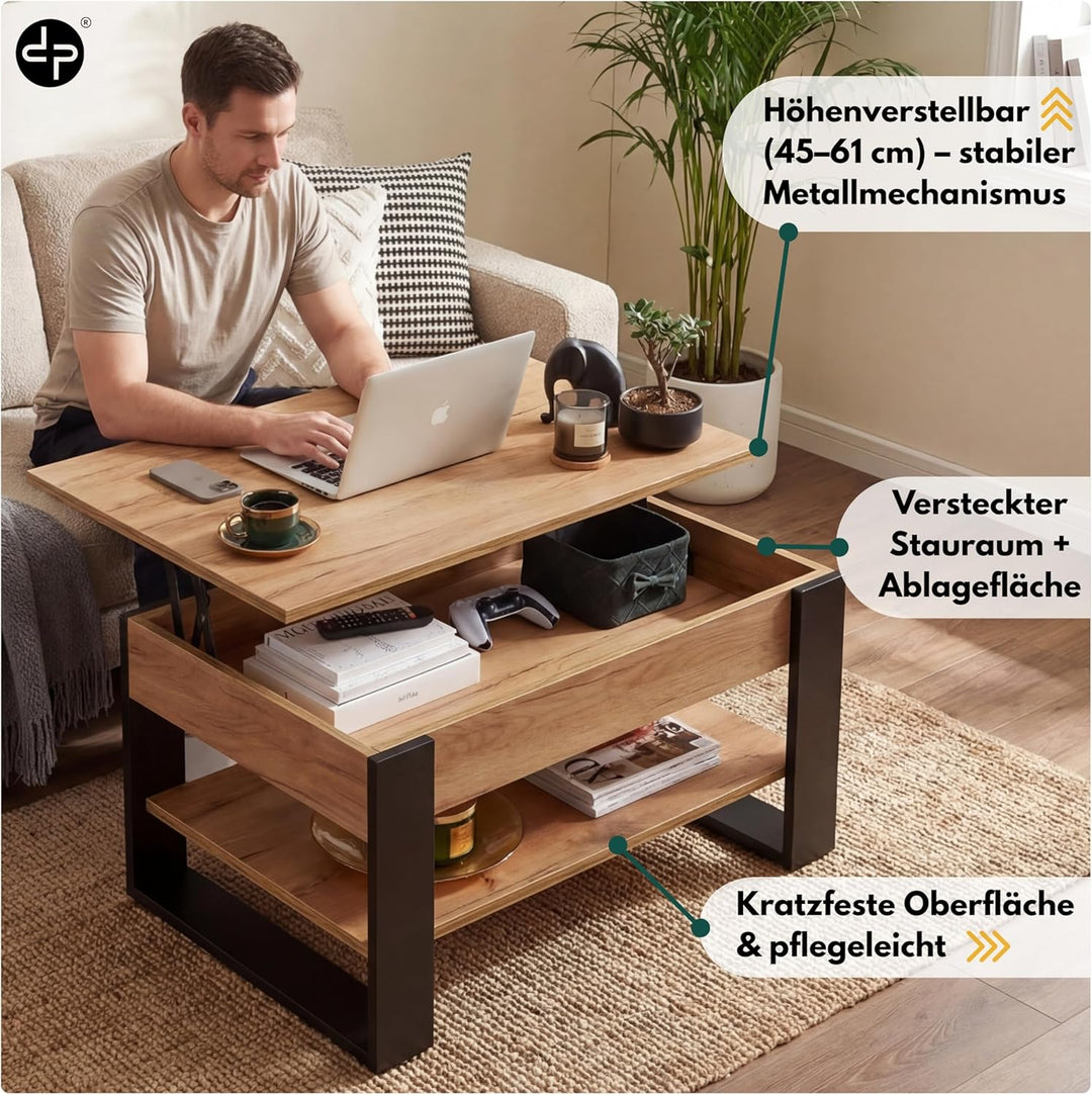 Couchtisch Höhenverstellbar mit Stauraum | Wohnzimmertisch Klappbar | Höhenverstellbarer Coffee Tabl