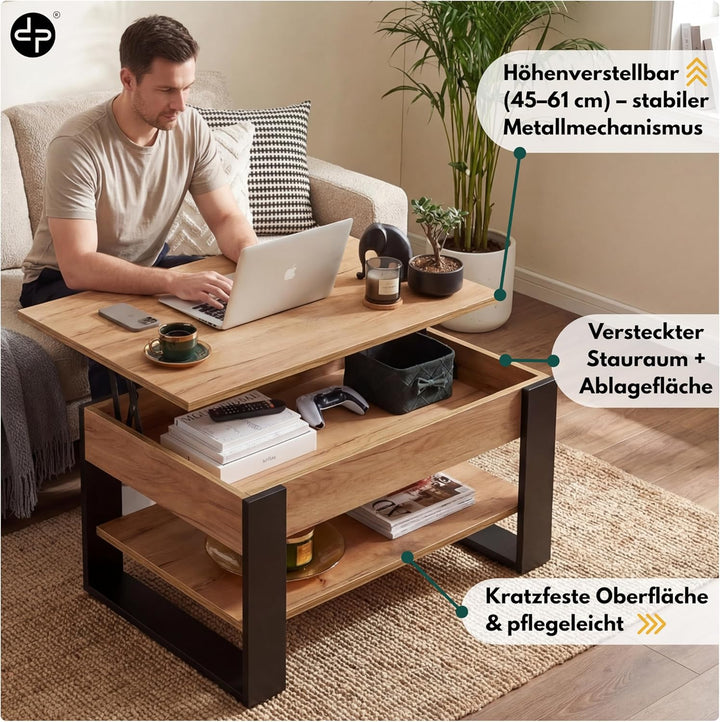 Couchtisch Höhenverstellbar mit Stauraum | Wohnzimmertisch Klappbar | Höhenverstellbarer Coffee Tabl